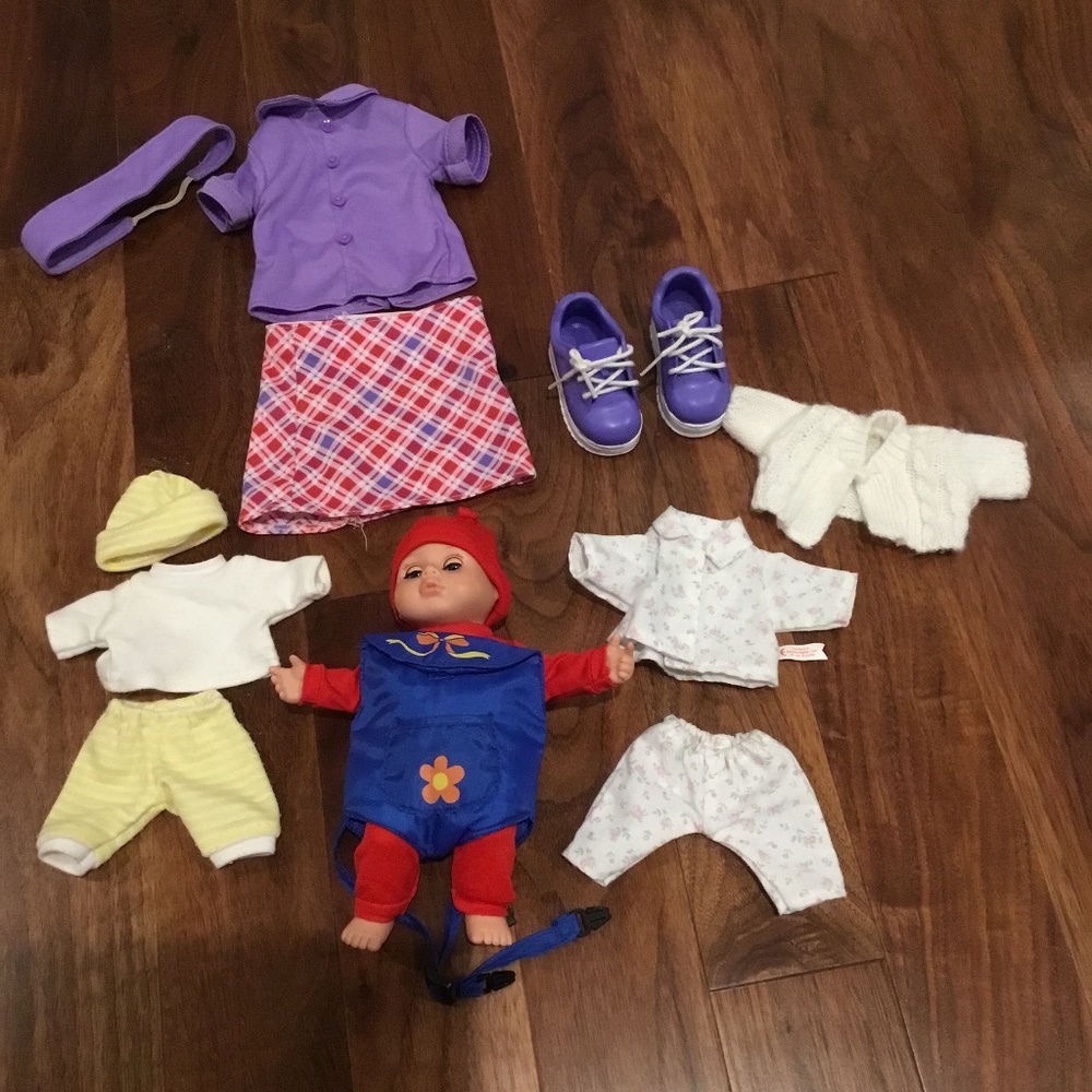 Babysitter Outfit for 18” doll with Front Carrier, 8” baby doll and 3 ou…